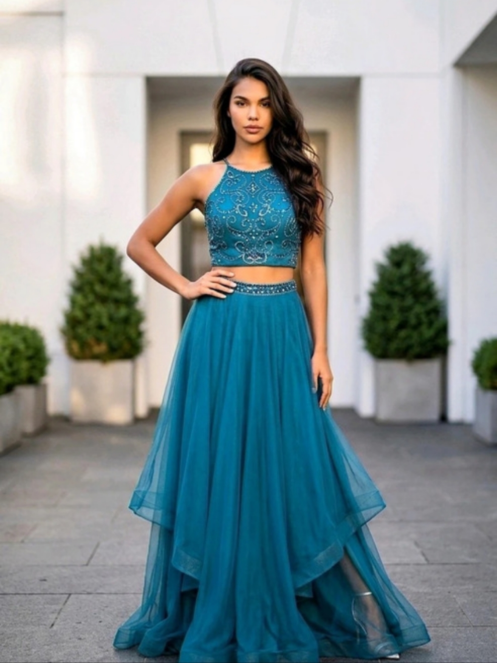 Vintage 90s/Y2K Bee Darlin Teal 2 Piece Maxi Prom Dress Size 11/12